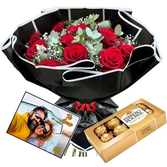 Ramo de 12 rosas rojas con foto tarjeta y rocher x8 